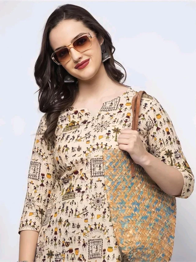 Women's Cotton Floral Print Straight Kurta, Full Sleeve, Round Neck, Side Slit, Traditional Style (in, Alpha, L, Cream) - Parchment, XXL