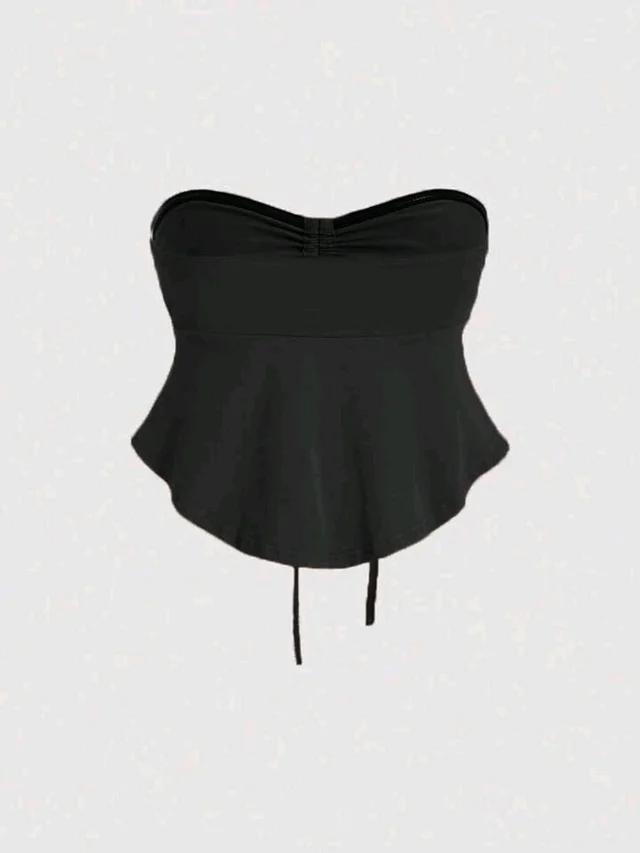 Trendy Drawstring Front Off-Shoulder Ruffle Hem Tube Top
- Black, M