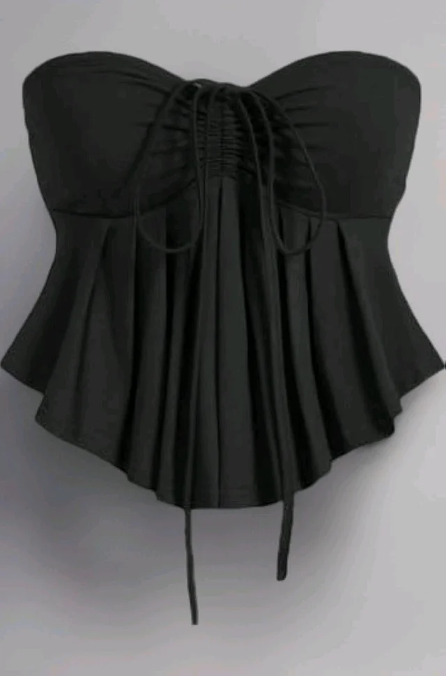 Trendy Drawstring Front Off-Shoulder Ruffle Hem Tube Top
- Black, S