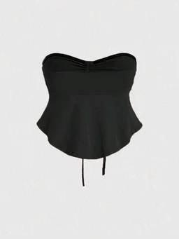 Trendy Drawstring Front Off-Shoulder Ruffle Hem Tube Top
- Black, S