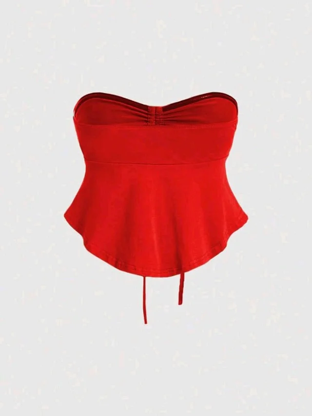 Trendy Drawstring Front Off-Shoulder Ruffle Hem Tube Top
- Red, M