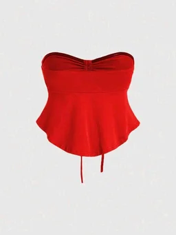 Trendy Drawstring Front Off-Shoulder Ruffle Hem Tube Top
- Red, S