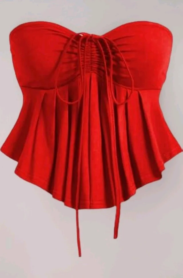 Trendy Drawstring Front Off-Shoulder Ruffle Hem Tube Top
- Red, XS