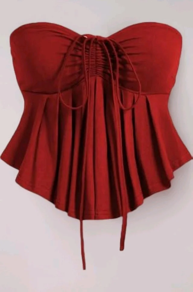 Trendy Drawstring Front Off-Shoulder Ruffle Hem Tube Top
- Maroon, XS