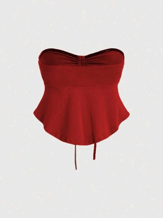 Trendy Drawstring Front Off-Shoulder Ruffle Hem Tube Top
- Maroon, X L