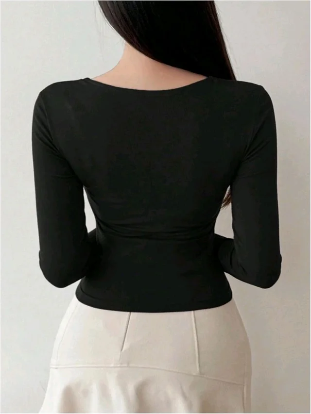 Women's Criss Cross Scoop Neck T Shirt Long Sleeve Slim Fit Dressy Casual Fall Tops - Black, M