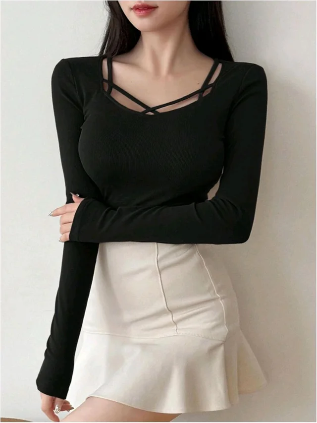 Women's Criss Cross Scoop Neck T Shirt Long Sleeve Slim Fit Dressy Casual Fall Tops - Black, S