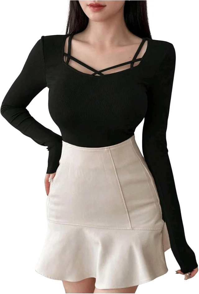 Women's Criss Cross Scoop Neck T Shirt Long Sleeve Slim Fit Dressy Casual Fall Tops - Black, XL