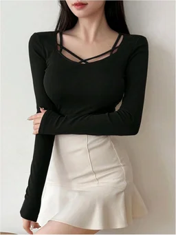 Women's Criss Cross Scoop Neck T Shirt Long Sleeve Slim Fit Dressy Casual Fall Tops - Black, XL