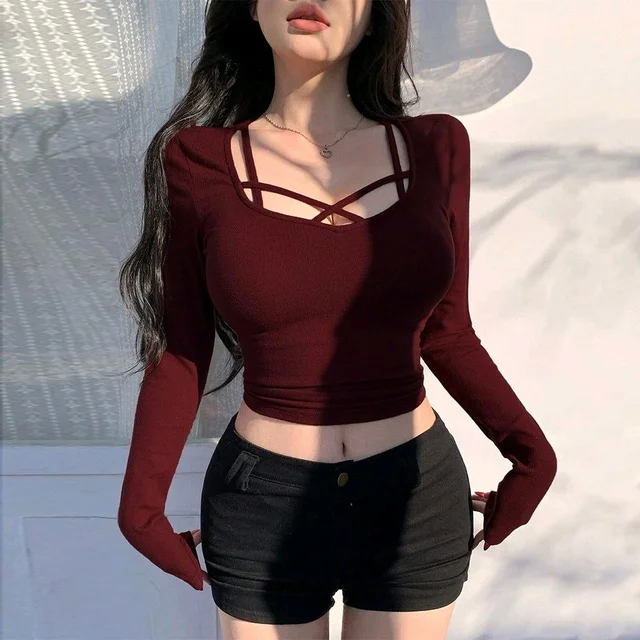 Women's Criss Cross Scoop Neck T Shirt Long Sleeve Slim Fit Dressy Casual Fall Tops - Maroon, S