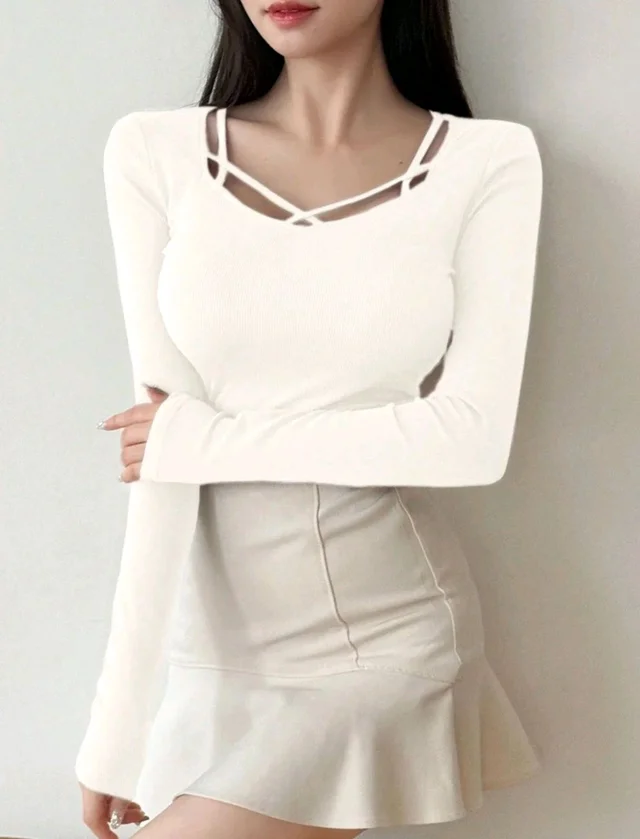 Women's Criss Cross Scoop Neck T Shirt Long Sleeve Slim Fit Dressy Casual Fall Tops - White, L