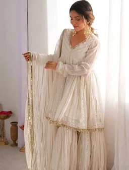 Real Mirror Mal Chanderi Sharara Suit With Full Flair Plazzo - White, L