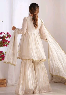 Real Mirror Mal Chanderi Sharara Suit With Full Flair Plazzo - White, M