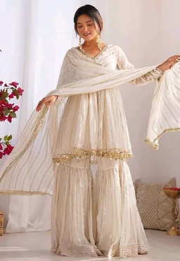 Real Mirror Mal Chanderi Sharara Suit With Full Flair Plazzo - White, M