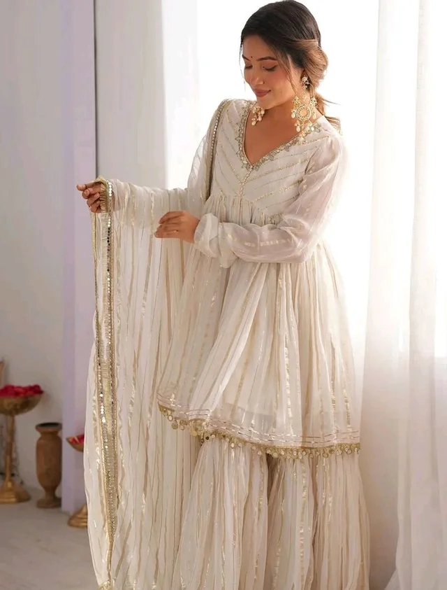 Real Mirror Mal Chanderi Sharara Suit With Full Flair Plazzo - White, M