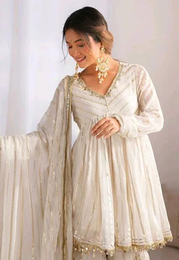 Real Mirror Mal Chanderi Sharara Suit With Full Flair Plazzo - White, S