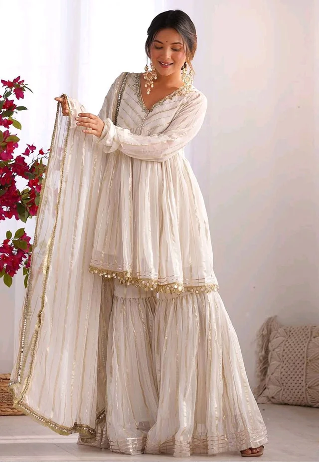 Real Mirror Mal Chanderi Sharara Suit With Full Flair Plazzo - White, XL
