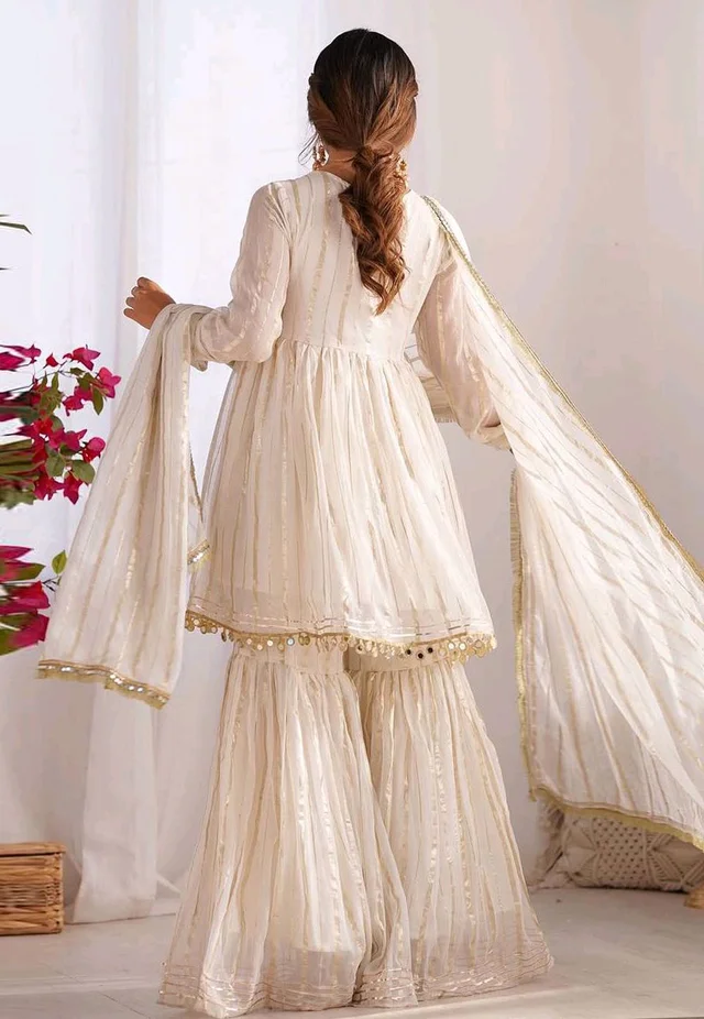 Real Mirror Mal Chanderi Sharara Suit With Full Flair Plazzo - White, XL