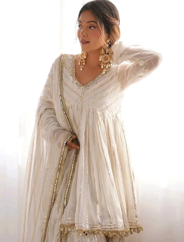 Real Mirror Mal Chanderi Sharara Suit With Full Flair Plazzo - White, XL