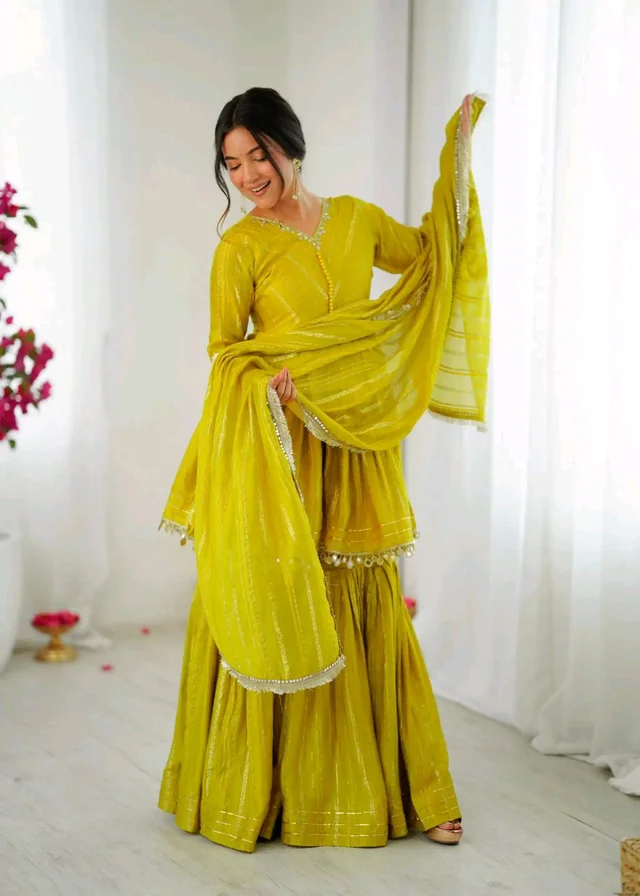 Real Mirror Mal Chanderi Sharara Suit With Full Flair Plazzo - Mastard, L