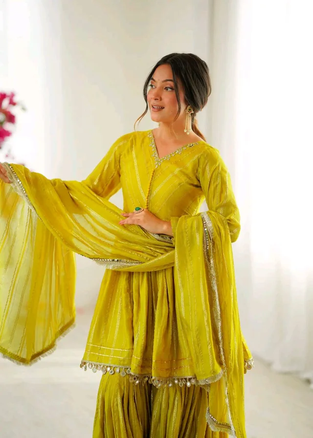 Real Mirror Mal Chanderi Sharara Suit With Full Flair Plazzo - Mastard, L