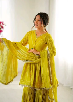 Real Mirror Mal Chanderi Sharara Suit With Full Flair Plazzo - Mastard, L