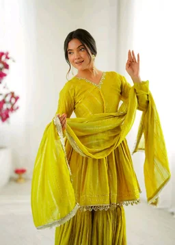 Real Mirror Mal Chanderi Sharara Suit With Full Flair Plazzo - Mastard, L