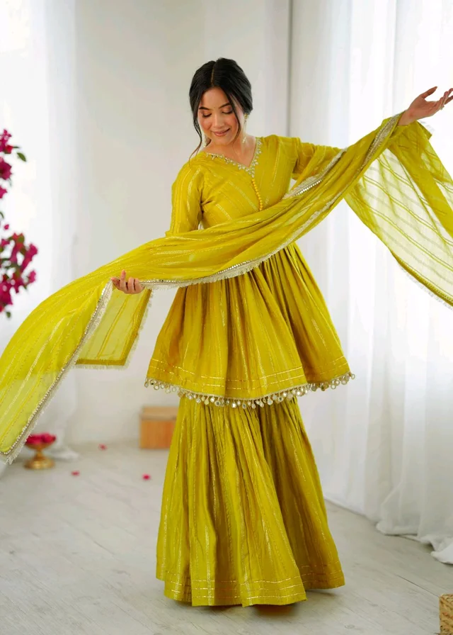 Real Mirror Mal Chanderi Sharara Suit With Full Flair Plazzo - Mastard, M