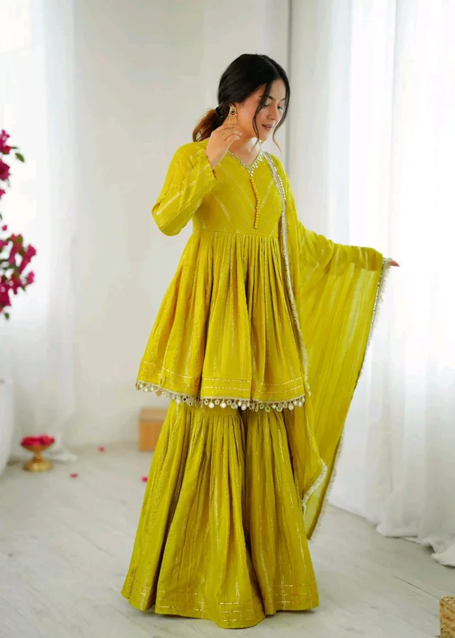 Real Mirror Mal Chanderi Sharara Suit With Full Flair Plazzo - Mastard, S