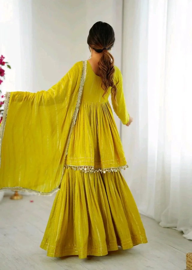 Real Mirror Mal Chanderi Sharara Suit With Full Flair Plazzo - Mastard, XL
