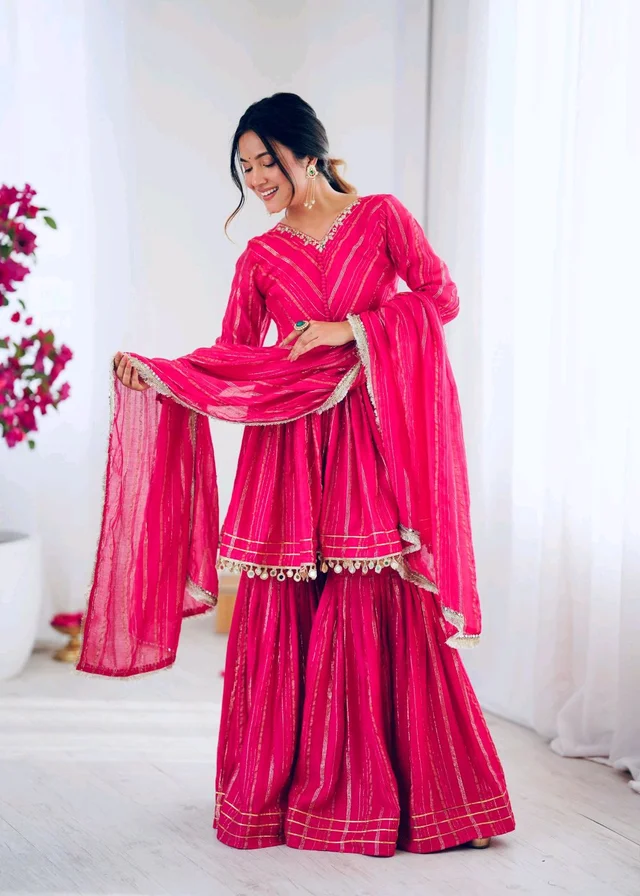 Real Mirror Mal Chanderi Sharara Suit With Full Flair Plazzo - Pink, L