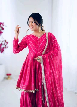 Real Mirror Mal Chanderi Sharara Suit With Full Flair Plazzo - Pink, L
