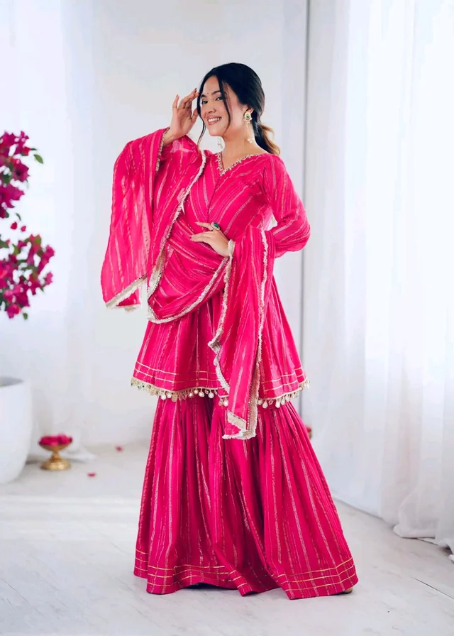 Real Mirror Mal Chanderi Sharara Suit With Full Flair Plazzo - Pink, L