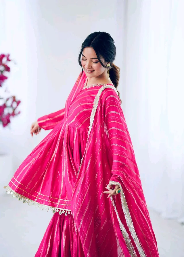 Real Mirror Mal Chanderi Sharara Suit With Full Flair Plazzo - Pink, M