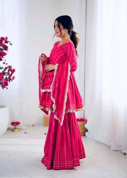Real Mirror Mal Chanderi Sharara Suit With Full Flair Plazzo - Pink, XL