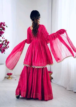 Real Mirror Mal Chanderi Sharara Suit With Full Flair Plazzo - Pink, XL