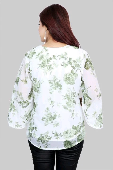 Casual Flared Sleeves Printed Women Green Top - Foggy Gray, L
