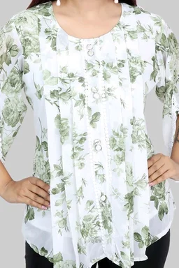 Casual Flared Sleeves Printed Women Green Top - Foggy Gray, L