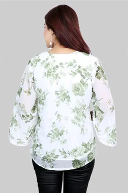 Casual Flared Sleeves Printed Women Green Top - Foggy Gray, M