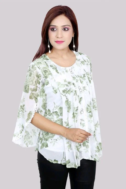 Casual Flared Sleeves Printed Women Green Top - Foggy Gray, M