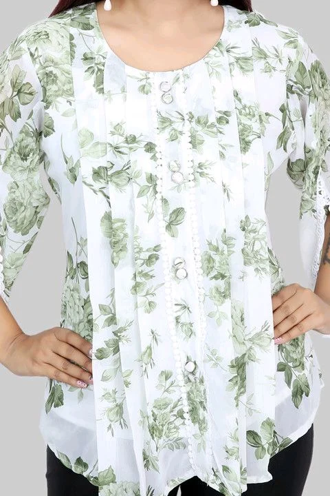 Casual Flared Sleeves Printed Women Green Top - Foggy Gray, M