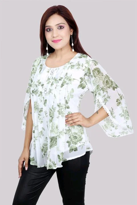 Casual Flared Sleeves Printed Women Green Top - Foggy Gray, M