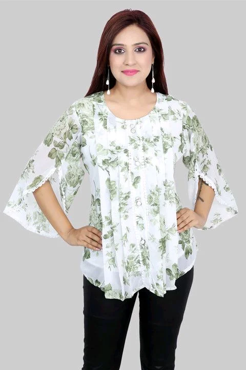 Casual Flared Sleeves Printed Women Green Top - Foggy Gray, XS