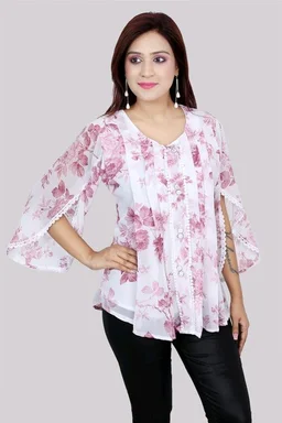 Casual Flared Sleeves Printed Women Green Top - Bouquet, S