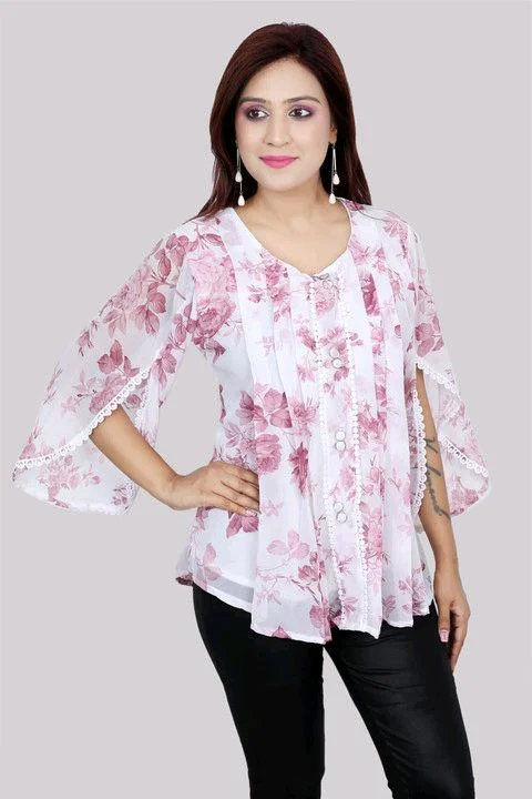 Casual Flared Sleeves Printed Women Green Top - Bouquet, XS