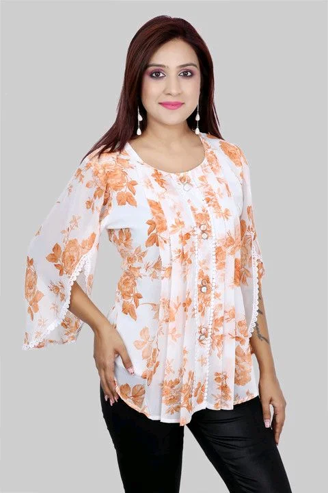 Casual Flared Sleeves Printed Women Green Top - Burning Sand, L
