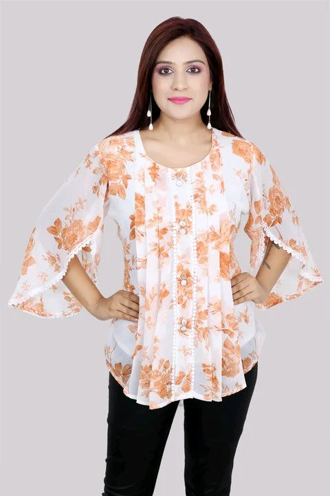 Casual Flared Sleeves Printed Women Green Top - Burning Sand, XL