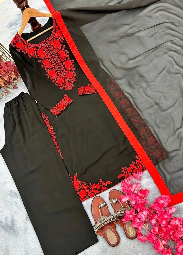 Black Elegant Heavy Faux Georgette Embroidered Top with Plazzo & Dupatta – Fully Stitched, Comfortable Fit
- Black, S