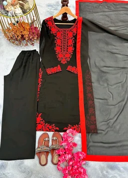 Black Elegant Heavy Faux Georgette Embroidered Top with Plazzo & Dupatta – Fully Stitched, Comfortable Fit
- Black, S