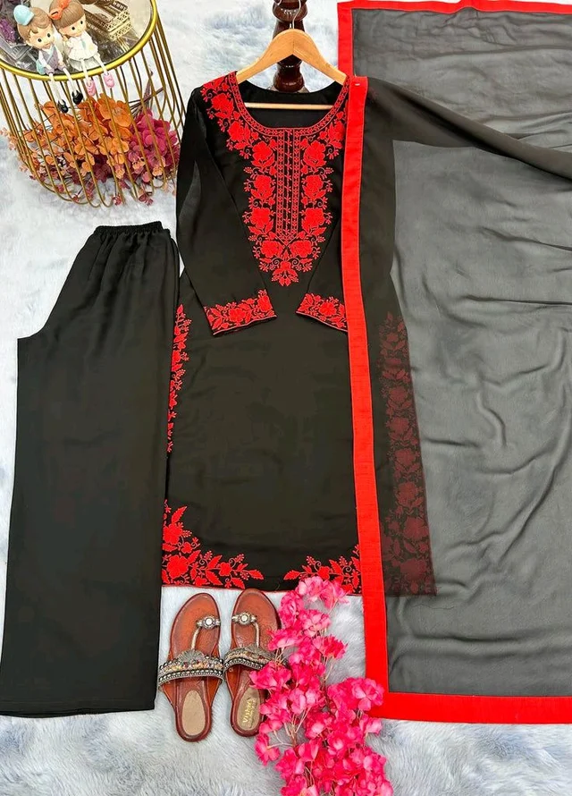 Black Elegant Heavy Faux Georgette Embroidered Top with Plazzo & Dupatta – Fully Stitched, Comfortable Fit
- Black, S